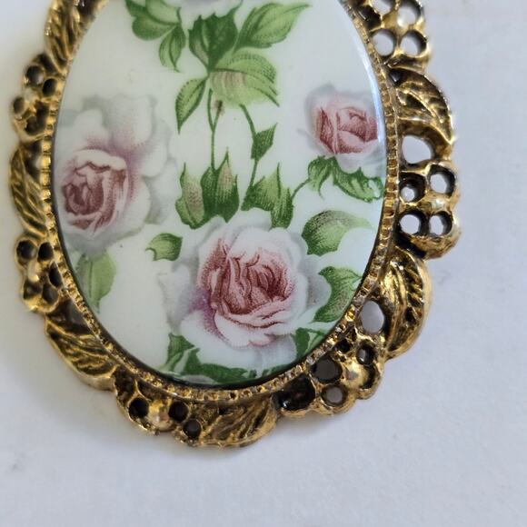 Vintage Rose Brooch Pendant Antiqued Gold Tone Filigree Cottagecore Victorian - Picture 2 of 9